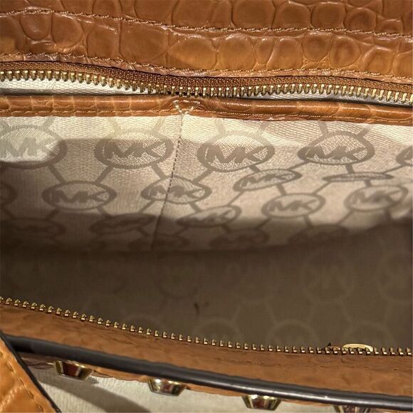 Michael Kors Croc Embossed Canvas Satchel Tote Brown Tan Studded Shoulder Bag - Picture 10 of 10